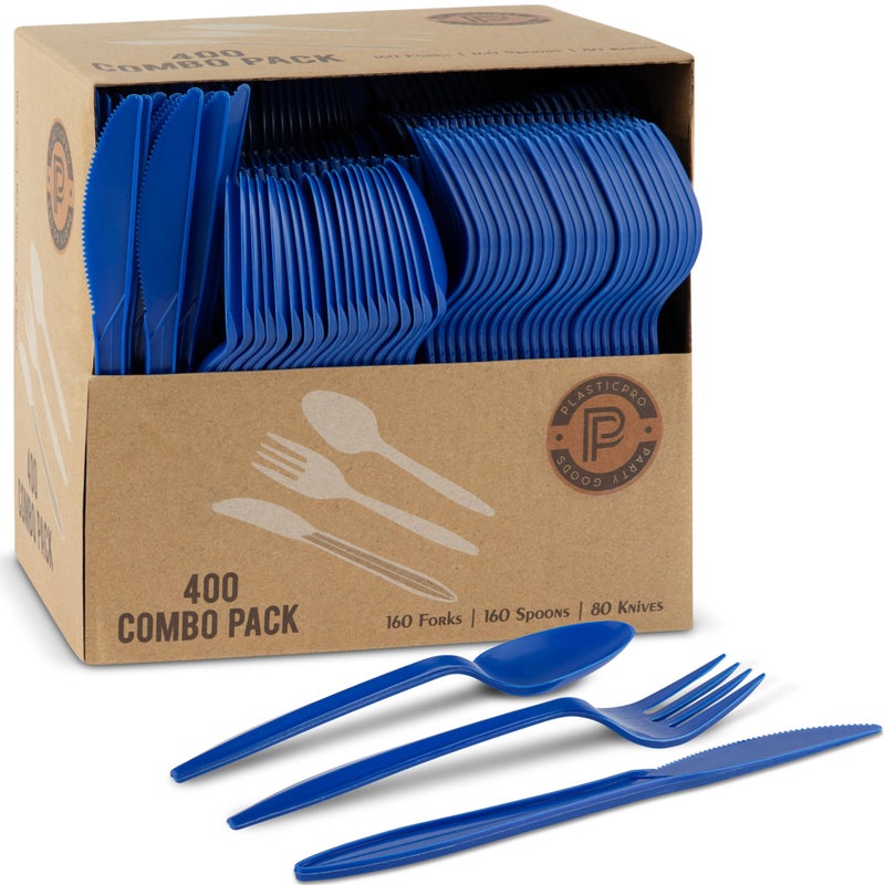 PLASTICPRO 400 Pack Disposable Chanuka Plastic Utensils Assorted Colored Cutlery Combo Set Forks Spoons Knives Silverware Blue Plastic Cutlery for Parties